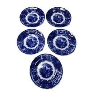 Antique Set 5 Flow Blue Nonpareil 8 5/8" Plates England Burgess Leigh Excellent